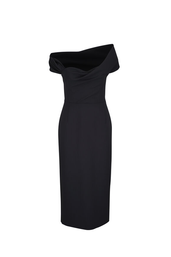 Carolina Herrera - Black Draped One-Shoulder Midi Dress