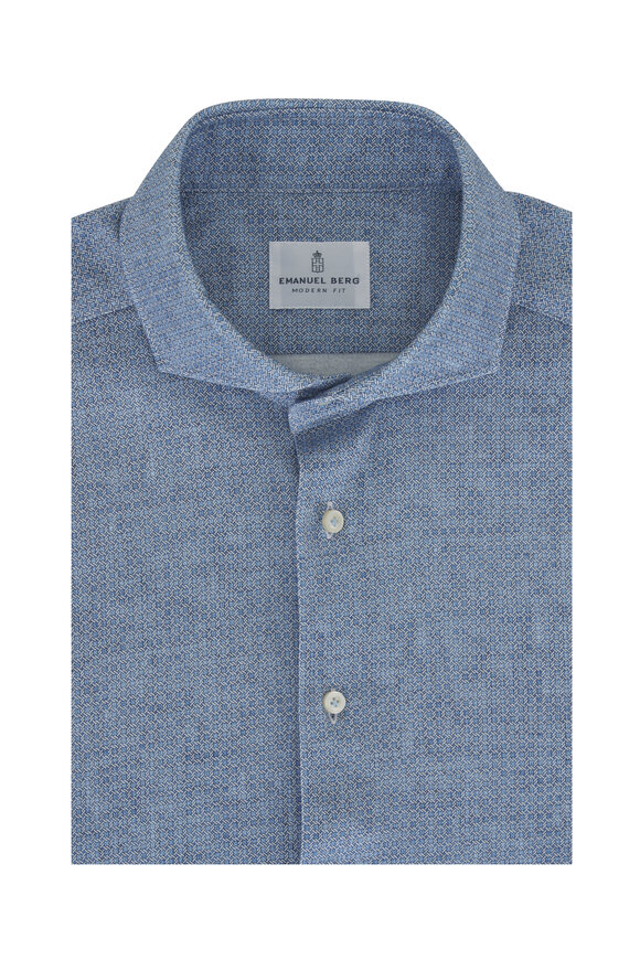 Emanuel Berg Blue Soft Print Jersey Cotton Dress Shirt