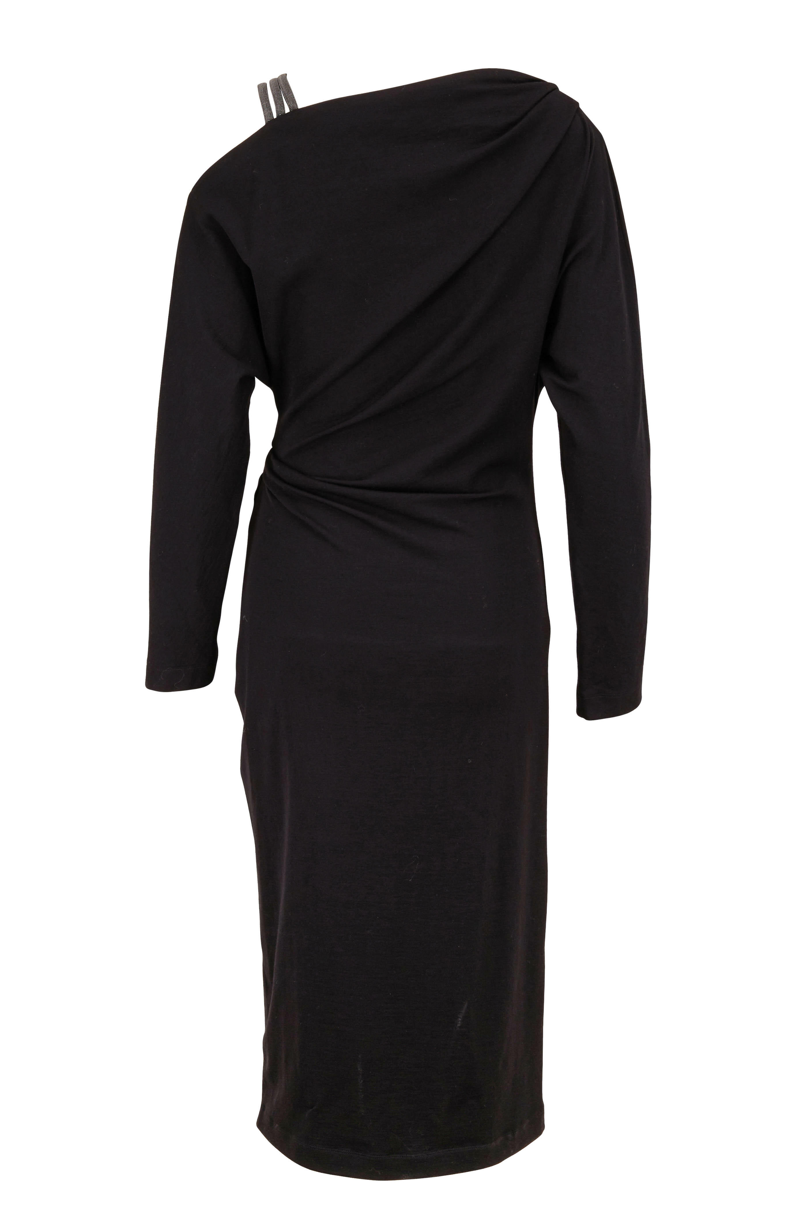 Brunello Cucinelli - Black Wool Jersey Long Sleeve Monili Dress