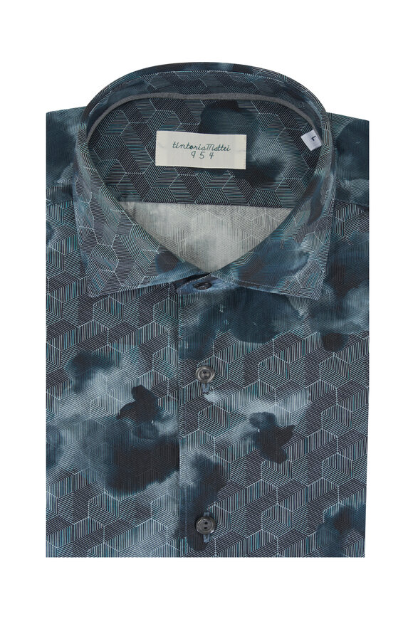 Tintoria Blue Abstract Geometric Print Cotton Sport Shirt