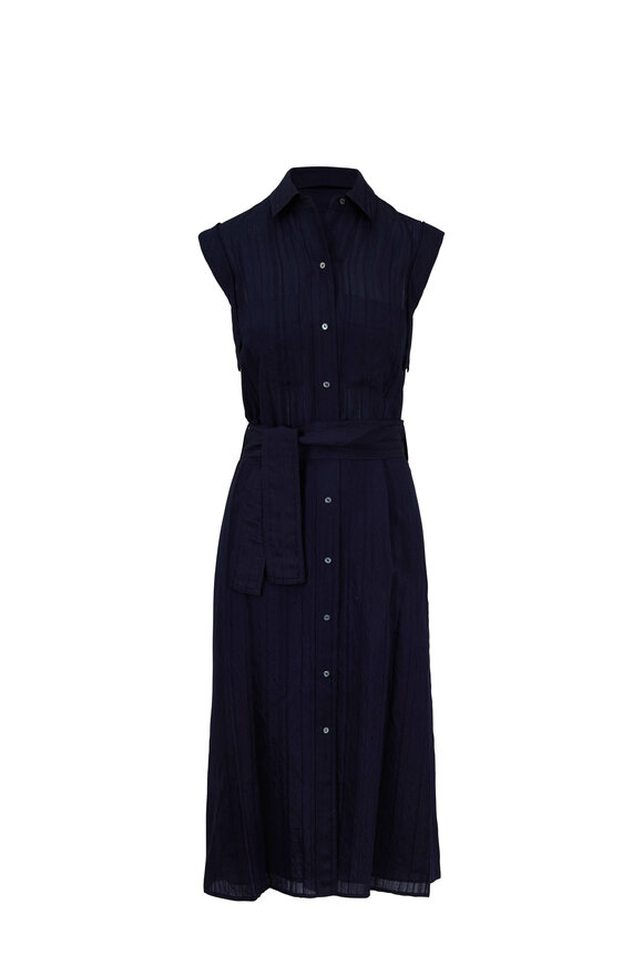 Vince - Marine Blue Tonal Striped Belted Shirtdress