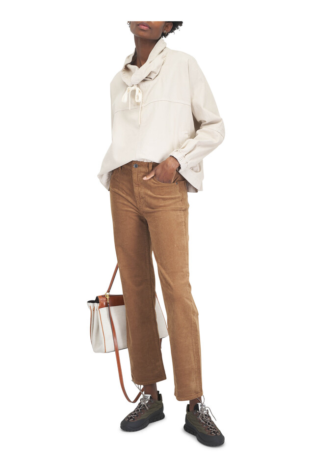 Designer outfit featuring Medium Rodeo Natural & Tan Cowboy Top Handle Bag, Pull Me Over Bone Sandshell Denim Hoodie and 2 other pieces