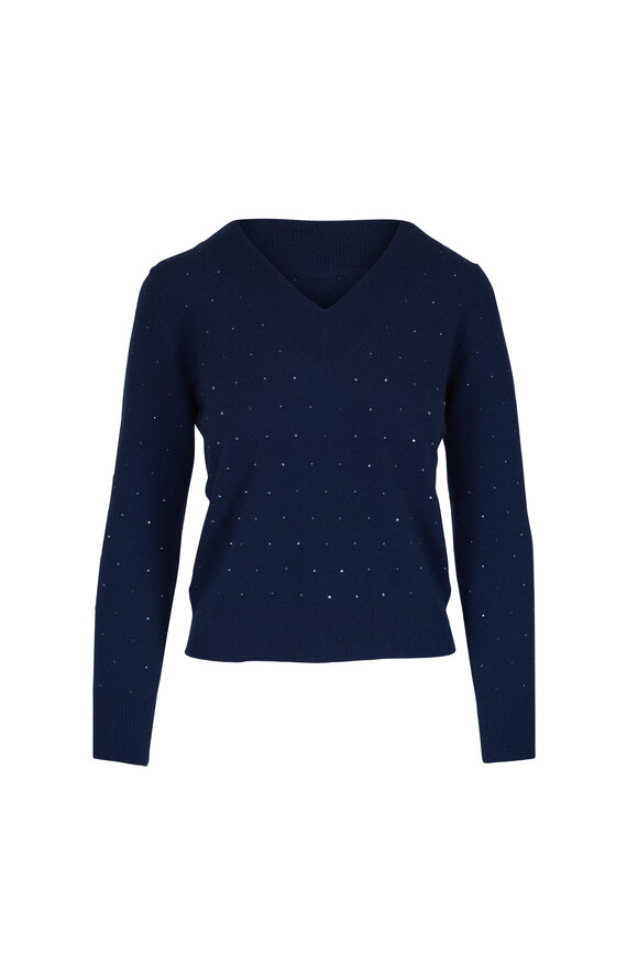 Kinross Navy Crystal Cashmere V-Neck Sweater