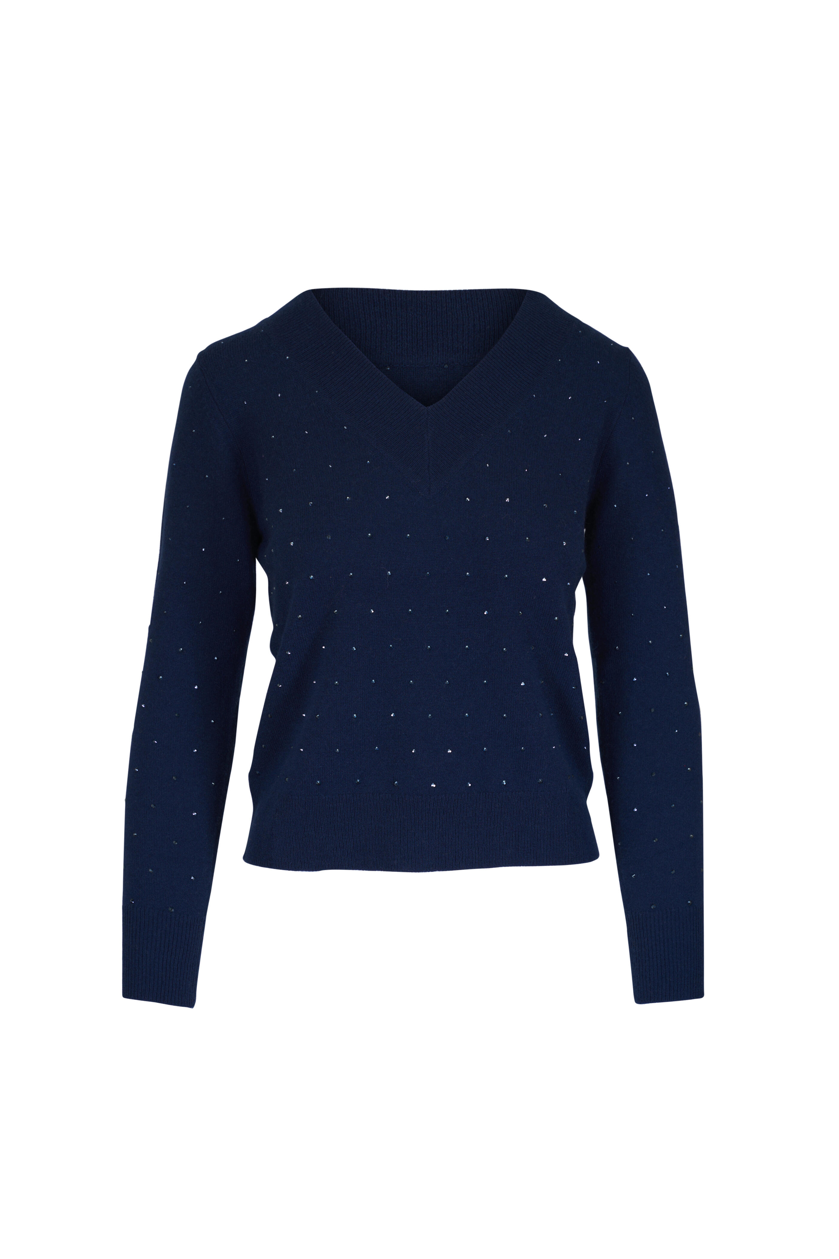Kinross - Navy Crystal Cashmere V-Neck Sweater