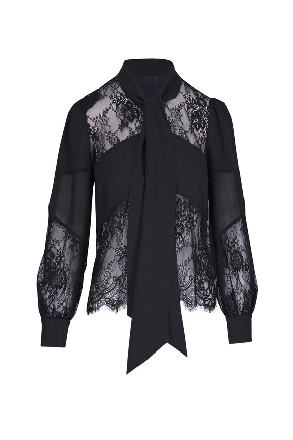 L'Agence Emmelina Black Lace Tie-Neck Blouse