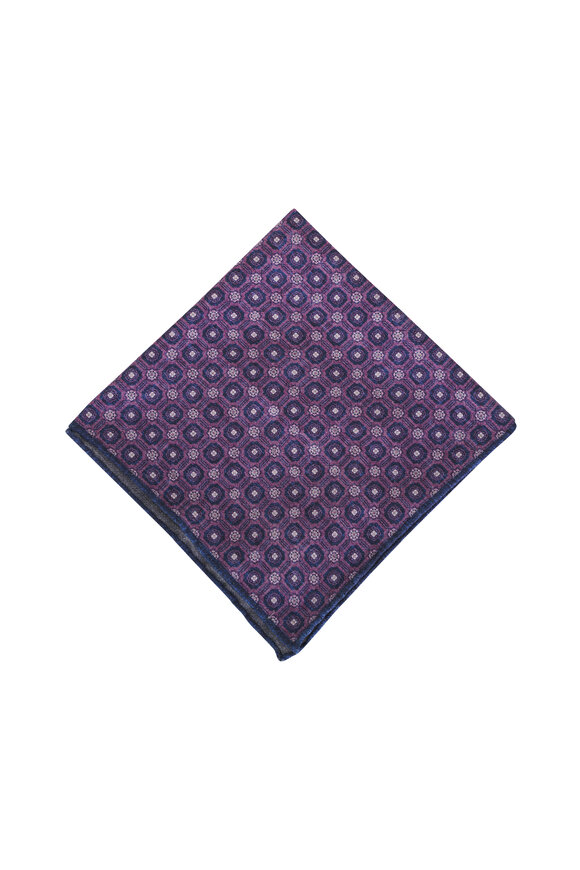 Brunello Cucinelli Denim & Purple Geometric Prink Silk Pocket Square