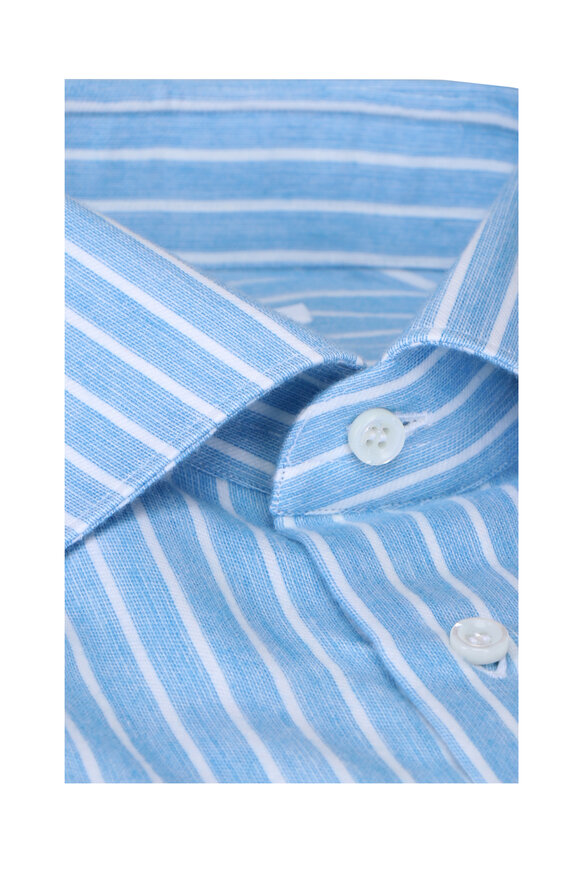 Fray Turquoise Blue Stripe Cotton Sport Shirt - view 2