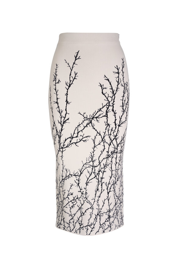 McQueen Thorn Branches Ivory & Black Pencil Midi Skirt