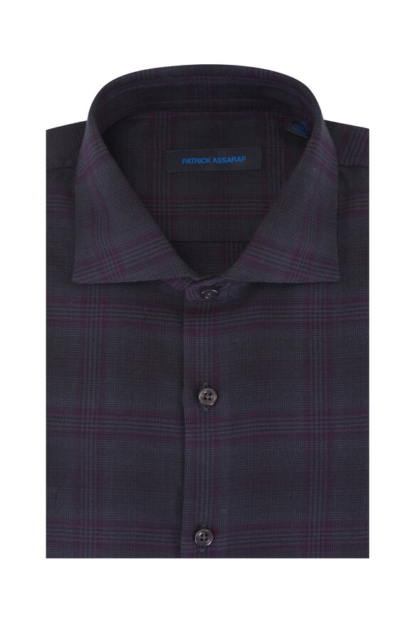 Patrick Assaraf Gray & Purple Plaid Cotton Sport Shirt