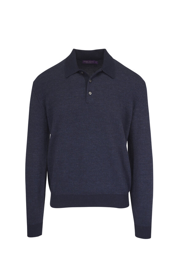 Ralph Lauren Purple Label Navy Blue Textured Linen & Cashmere Polo Sweater - view 1