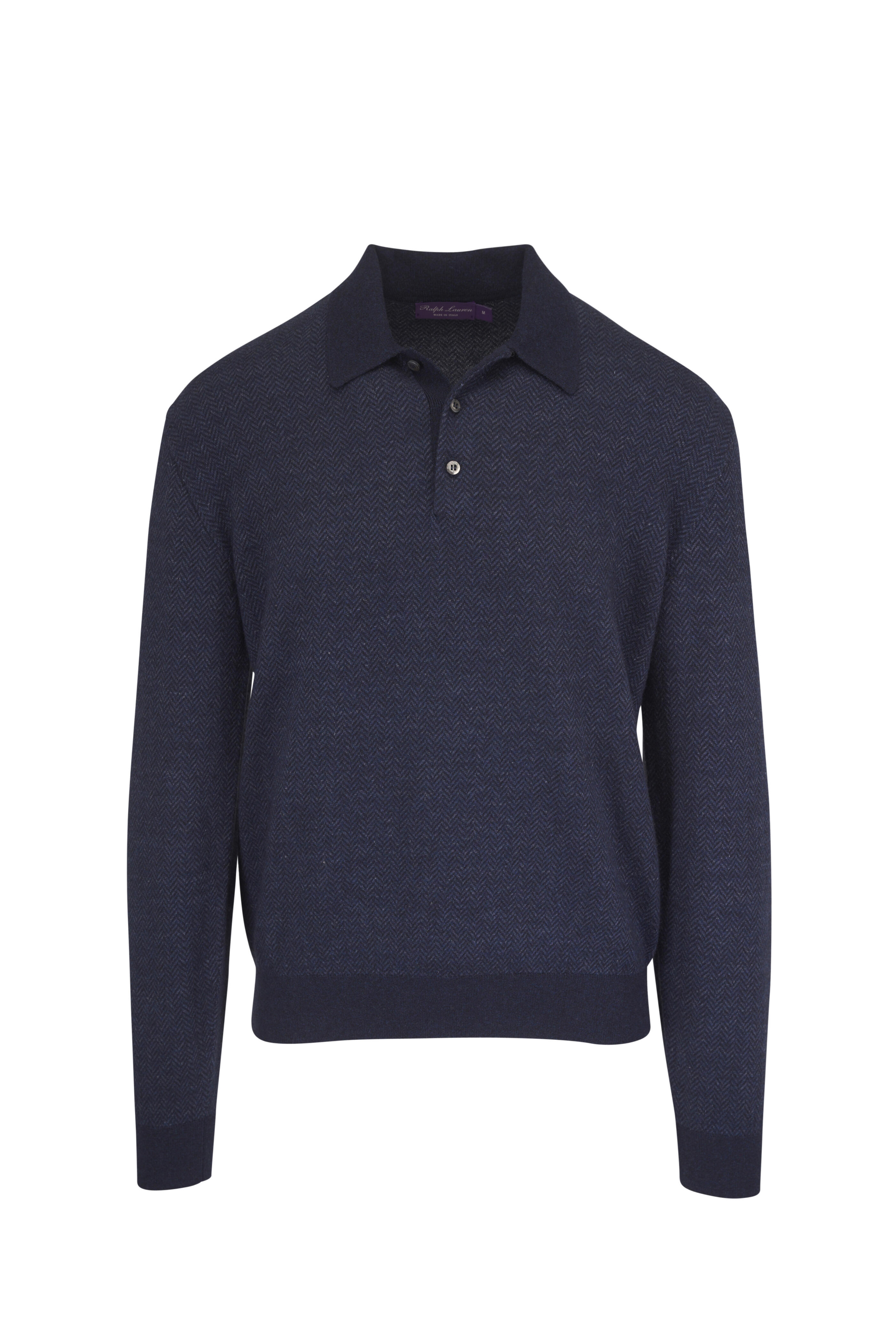 Ralph Lauren Purple Label - Navy Blue Textured Linen & Cashmere Polo Sweater - view 1