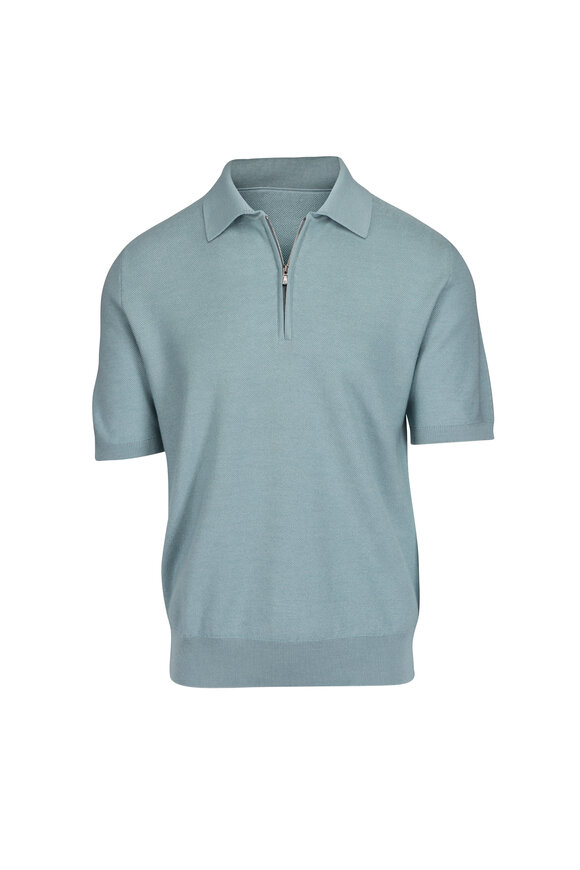 Isaia Aqua Pique Stitch Zip Polo