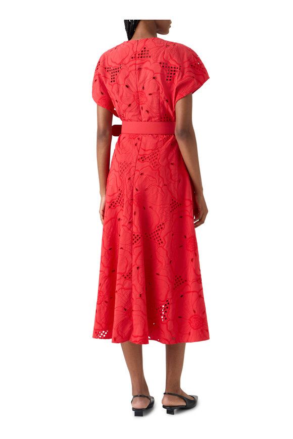 Akris Punto Red Floral Eyelet Embroidered Belted Midi Dress - view 3