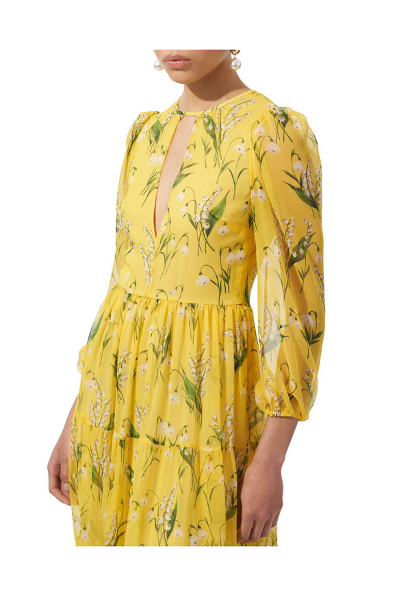 Carolina Herrera - Yellow Floral Cutout Tiered Midi Dress  