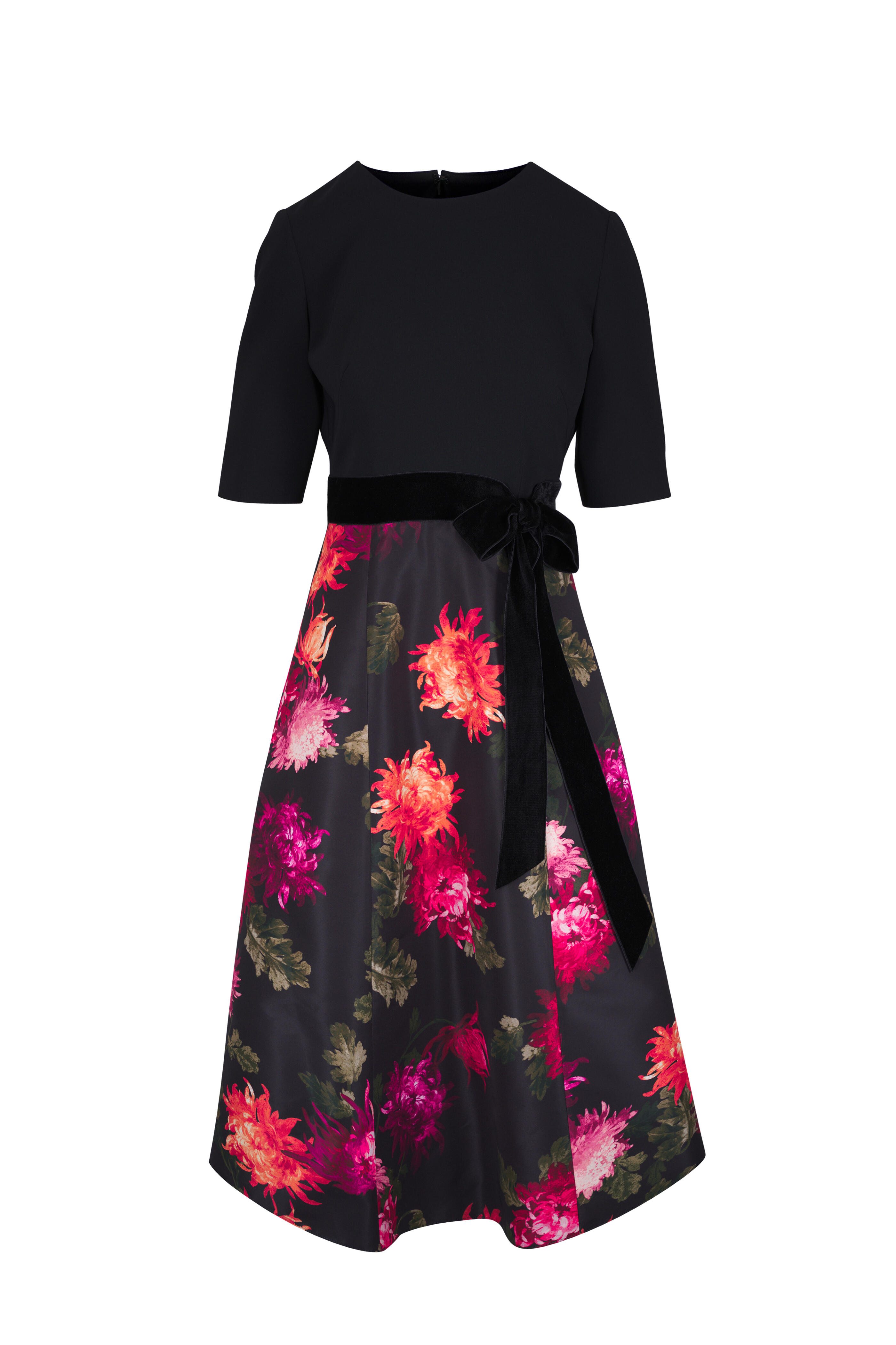 Carolina Herrera - Black Floral Elbow Sleeve Bow Midi Dress
