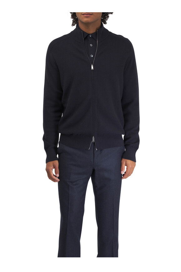 Zegna - Navy Cashmere & Silk Long Sleeve Polo 