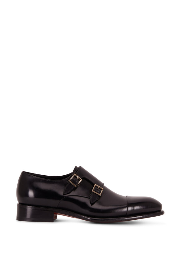 Santoni - Ira Black Leather Cap Toe Double-Monk Shoe