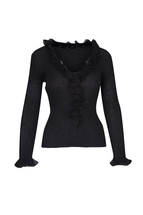 Etro Black Lurex Ruffle Ribbed Knit V-Neck Top