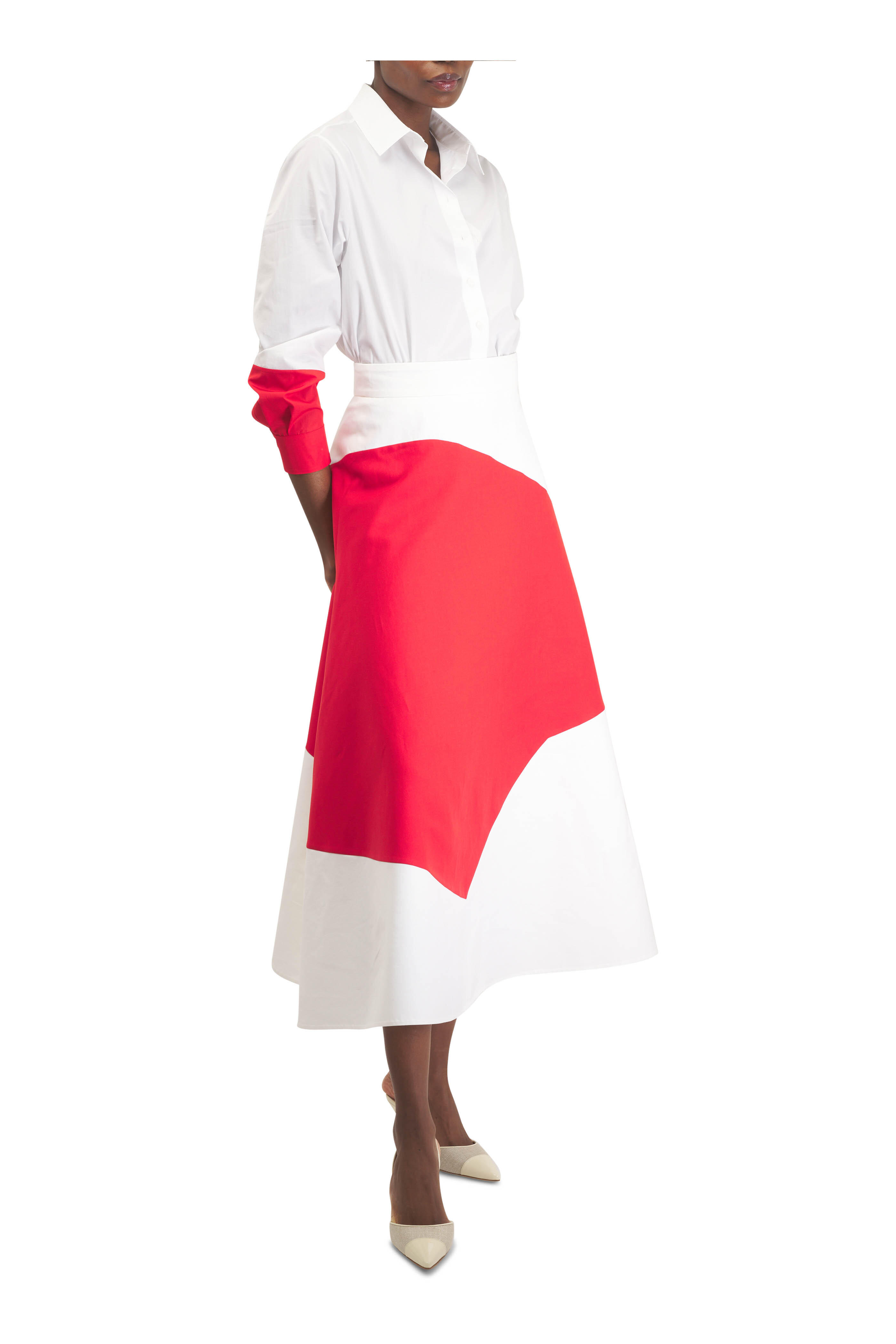 Akris - Polygon Ecru & Vermillion Midi Skirt