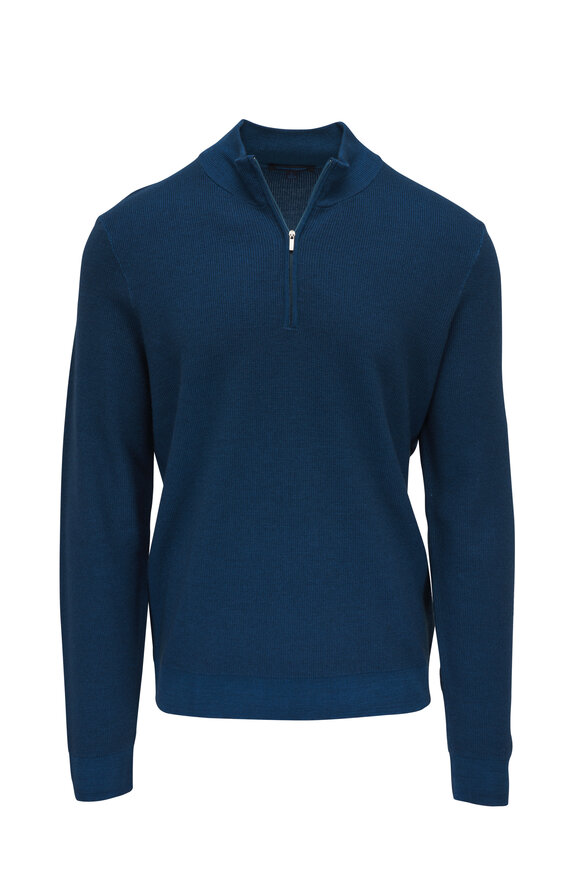 Patrick Assaraf - Teal Textured Merino Wool Quarter Zip Pullover