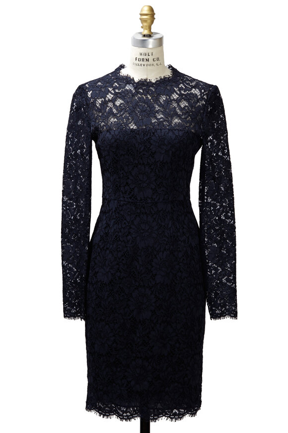 Valentino - Navy Blue Long Sleeve Lace Dress