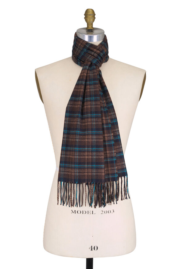 Fratelli Piacenza Brown & Teal Plaid Silk & Cashmere Scarf - view 1