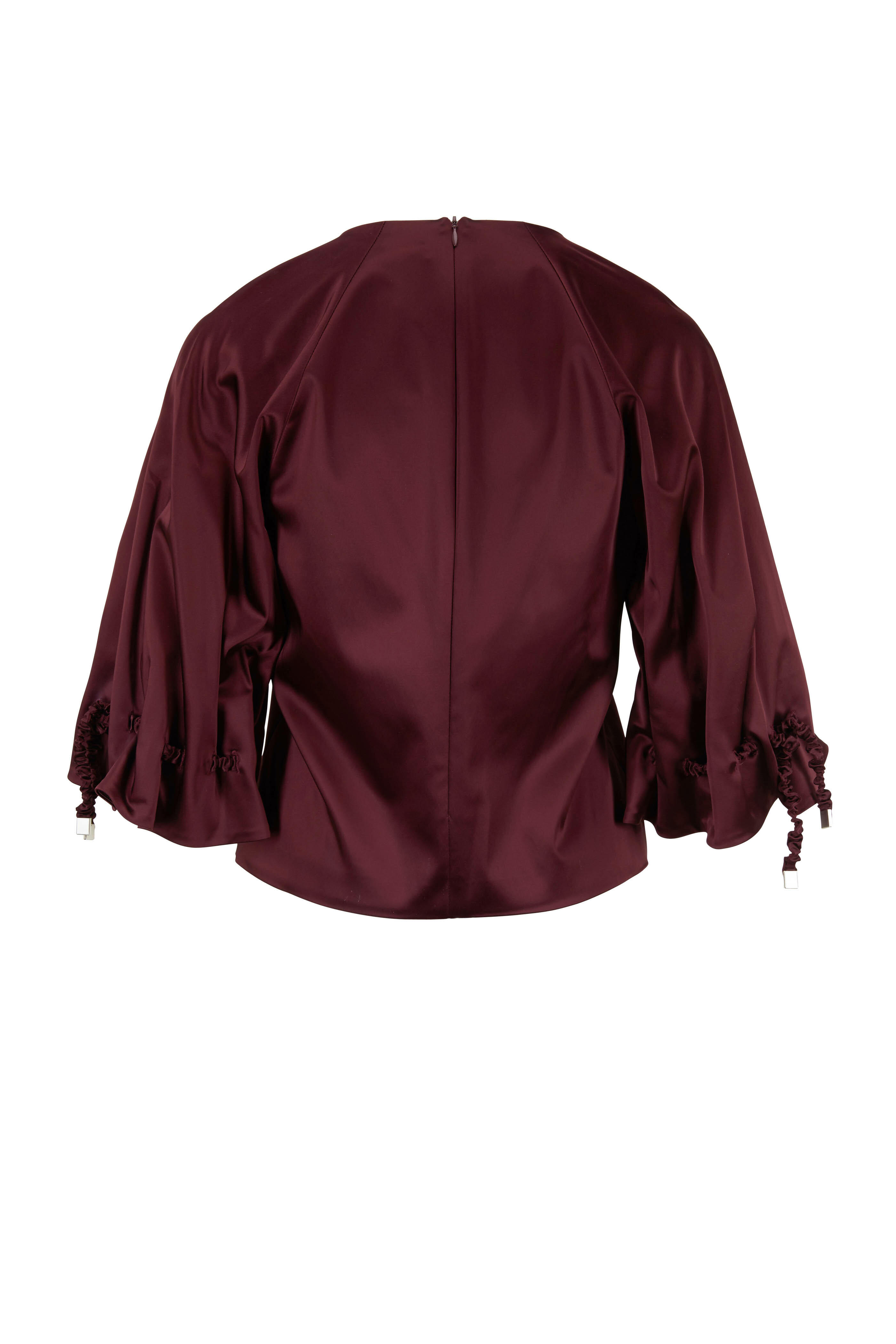 Rosetta Getty - Maroon Satin Ruched Sleeve Top