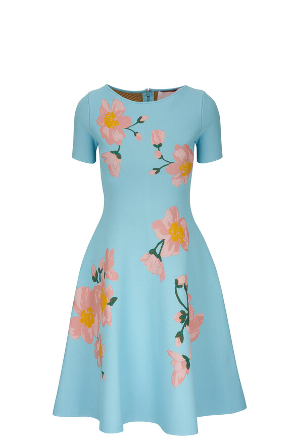 Carolina Herrera - Aqua Floral Boat Neck Flare Dress 