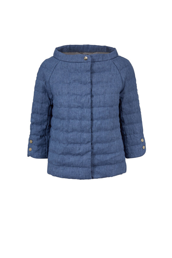 Herno - Blue Linen Three-Quarter Sleeve Puffer Jacket