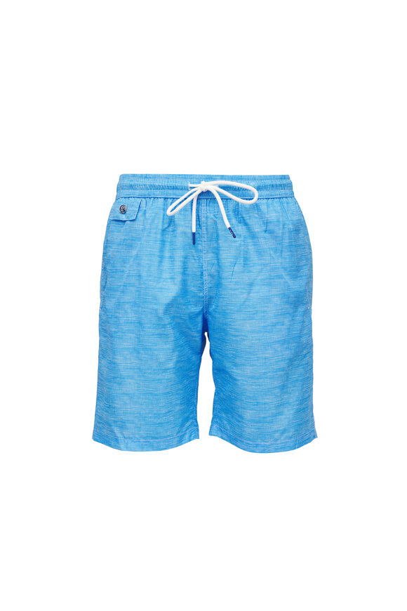 Tiki Blue Linen Print Swim Trunks