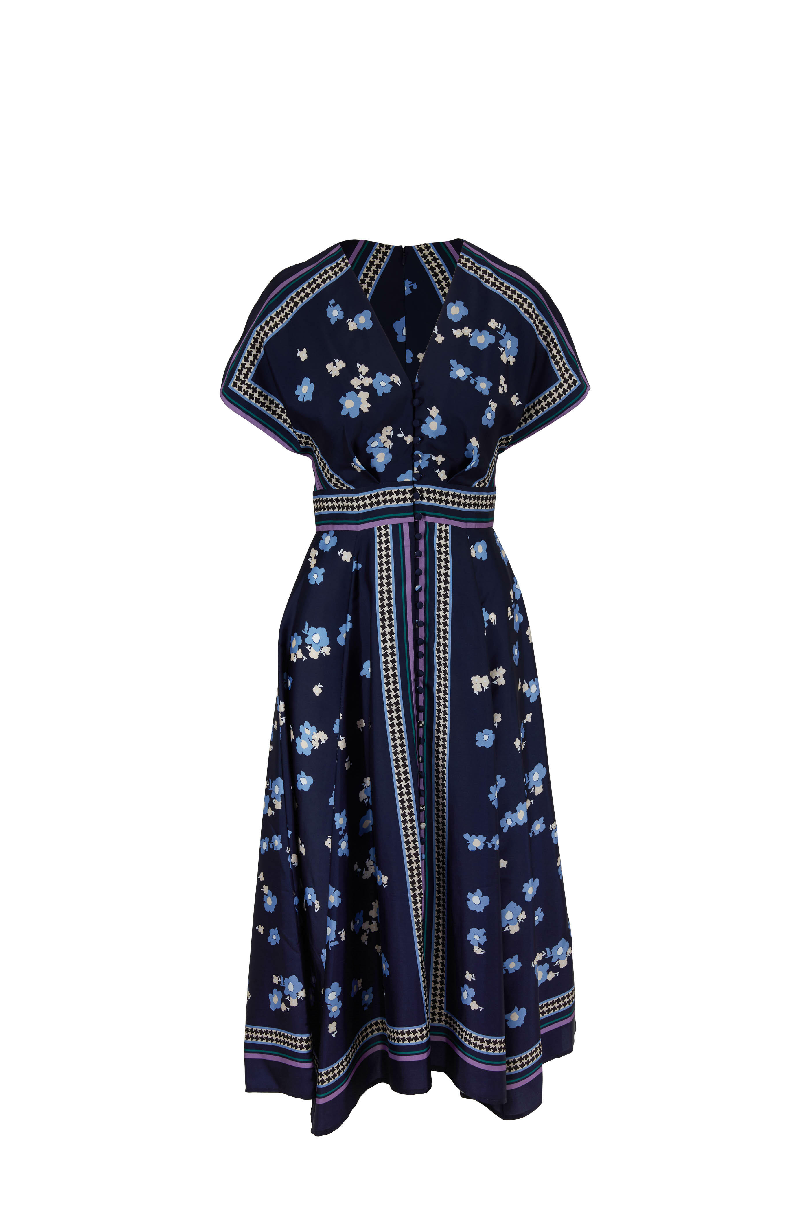 Lela Rose - Navy Multi V-Neck Button Front Midi Dress