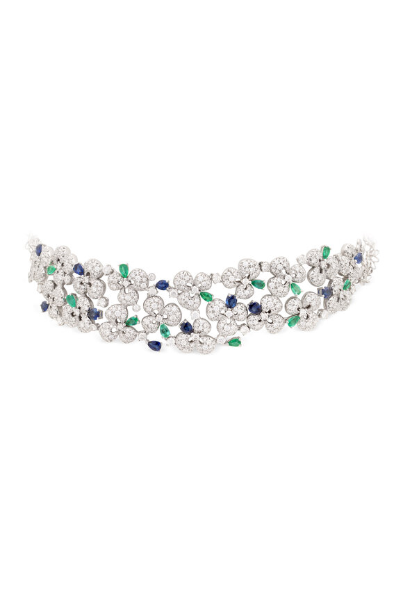 Miseno 18k White Gold Sapphire Diamond & Emerald Choker