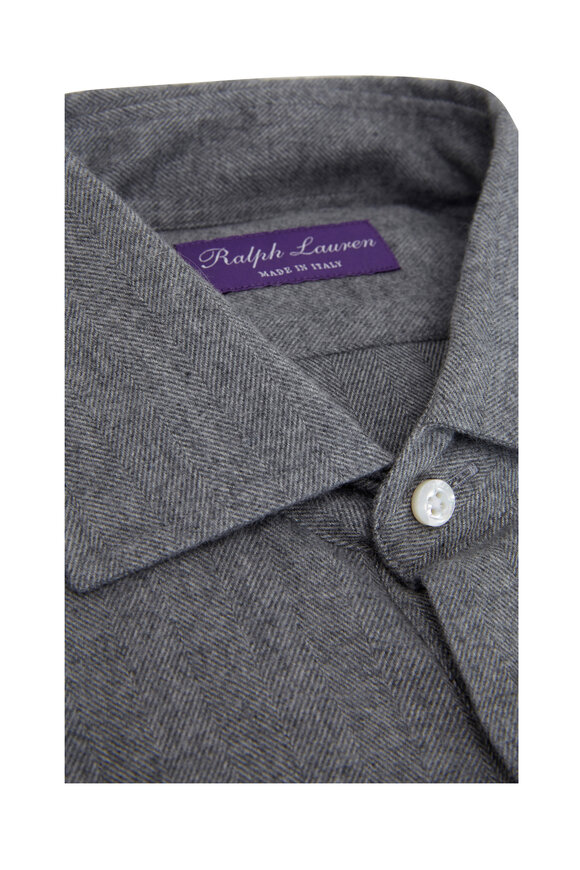 Ralph Lauren Purple Label - Gray Herringbone Long Sleeve Flannel Polo Shirt