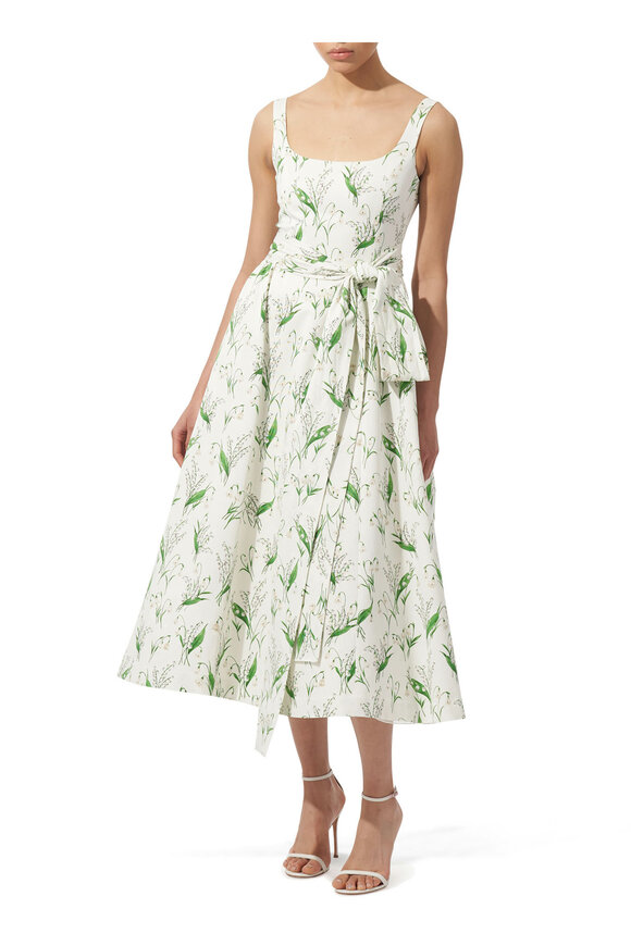 Carolina Herrera - White & Green Floral Print Midi Dress