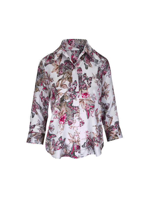 L'Agence Dani White Multi Butterfly Jungle Silk Blouse