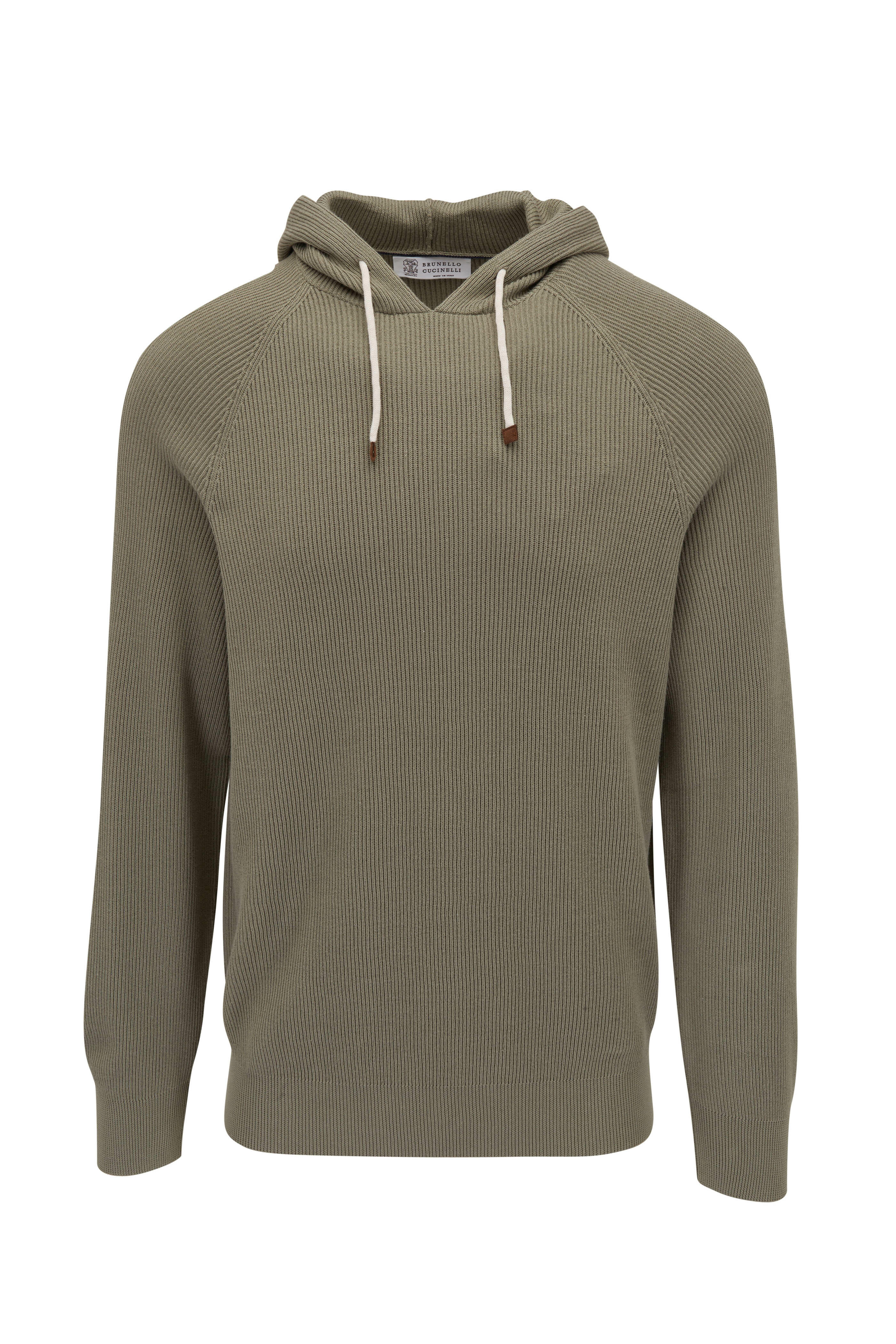 Brunello Cucinelli Sage Green Ribbed Cotton Hoodie