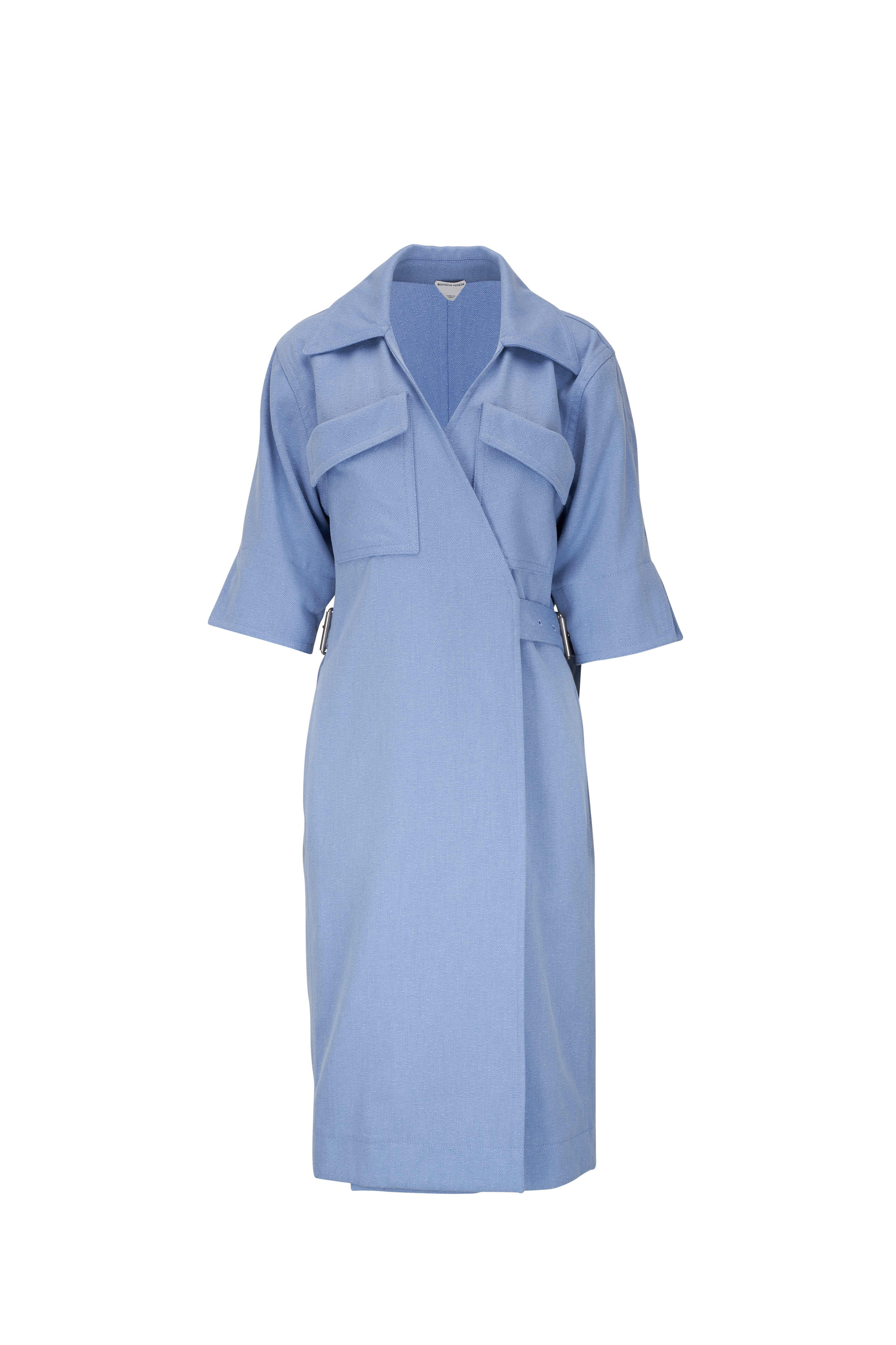 Bottega Veneta - Blue Knotted Melange Twill Belted Wrap Dress