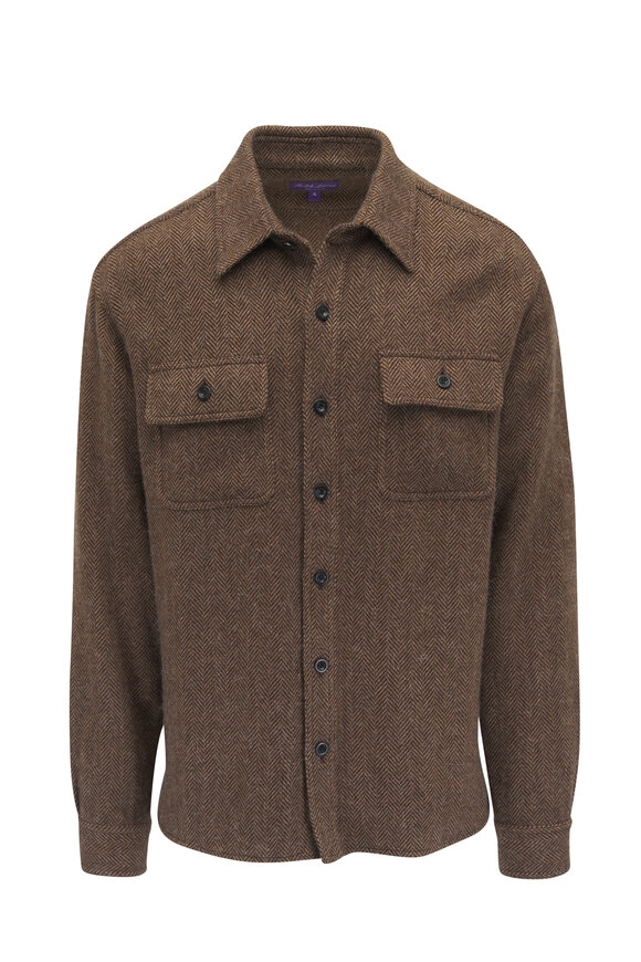 Ralph Lauren Purple Label Brown Herringbone Wool & Cashmere Overshirt