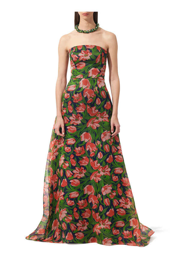 Carolina Herrera - Midnight Rose Print Strapless Silk Gown