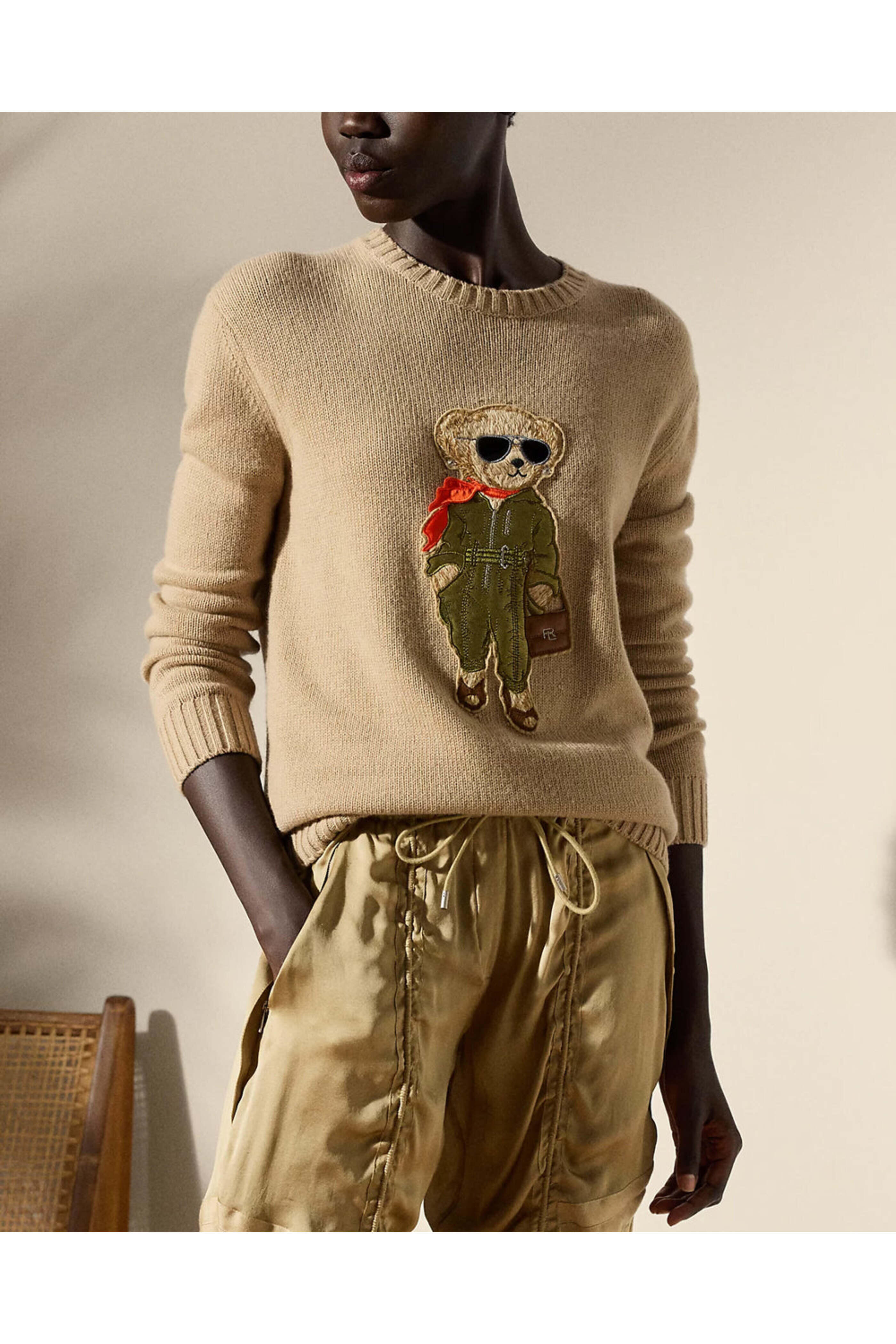 Ralph Lauren - Lux Tan Cashmere Aviator Bear Sweater