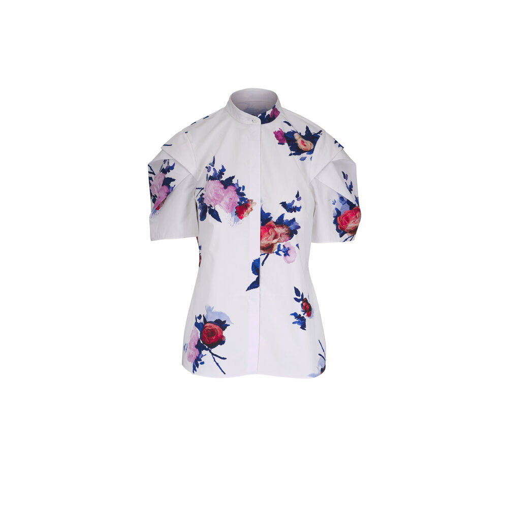 〓ERDEM × 〓 WHITE silk×lace floral top Draped Short Sleeve Top | Erdem.com – ERDEM