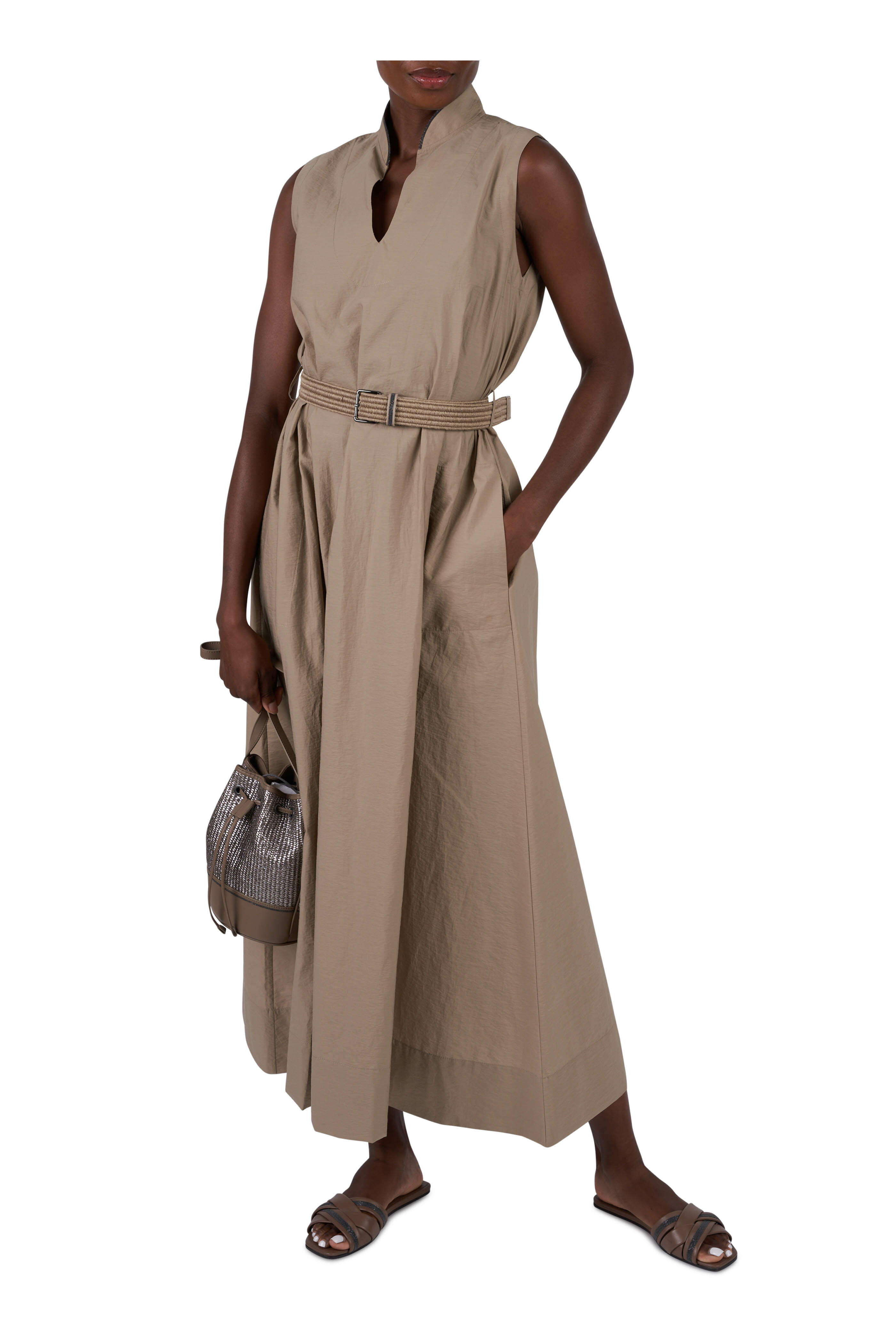 Brunello Cucinelli - Khaki Cotton Poplin Belted Dress