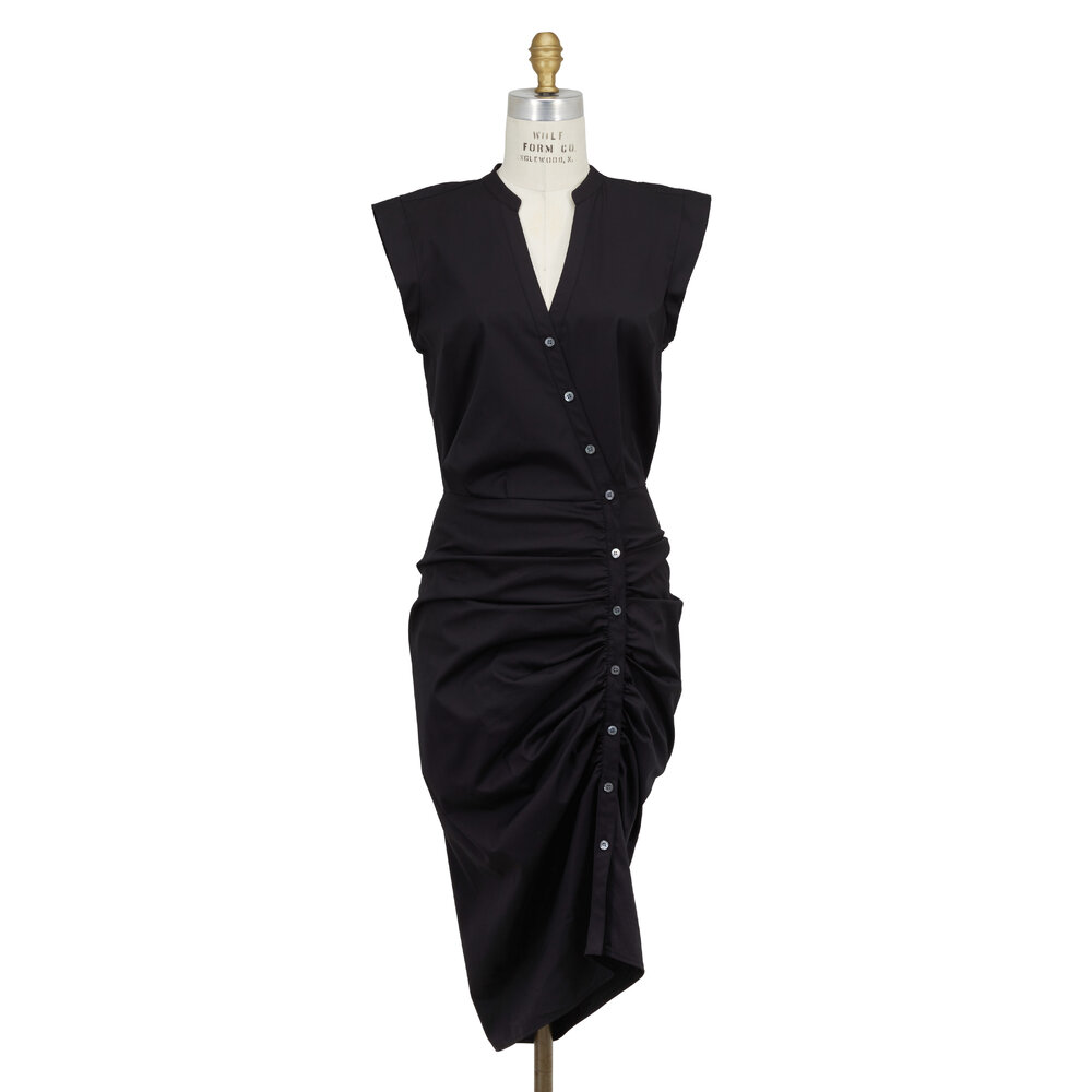 Veronica Beard - Black Ruched Asymmetric Button Shirtdress