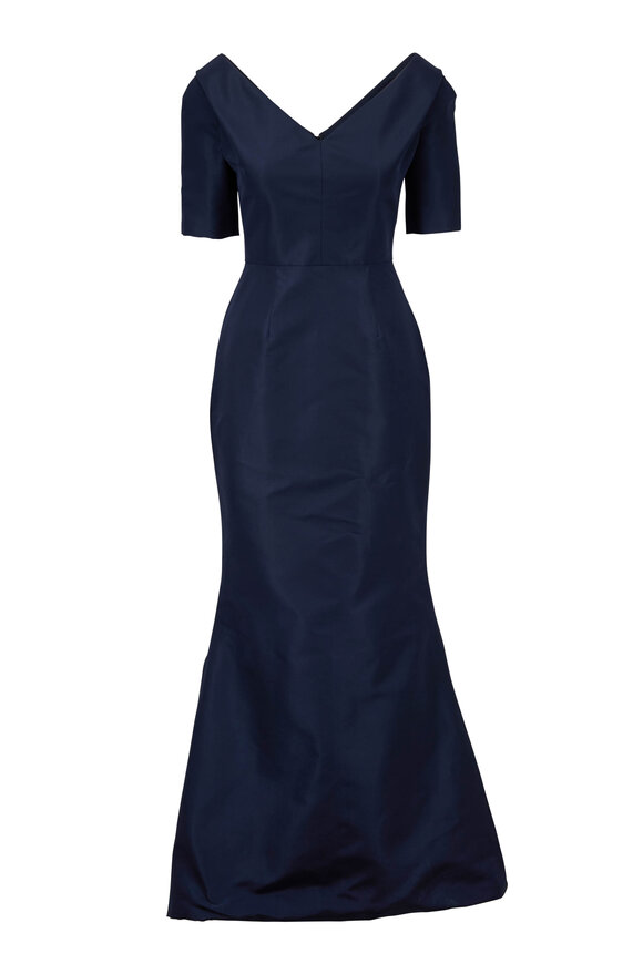 Carolina Herrera - Navy Blue Silk Faille Elbow Sleeve Gown 