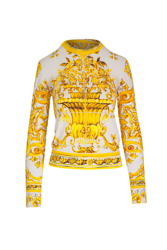 Dolce & Gabbana - Yellow Maiolica Print Silk Crewneck Sweater