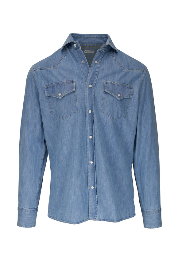 Brunello Cucinelli Western Blue Denim Sport Shirt