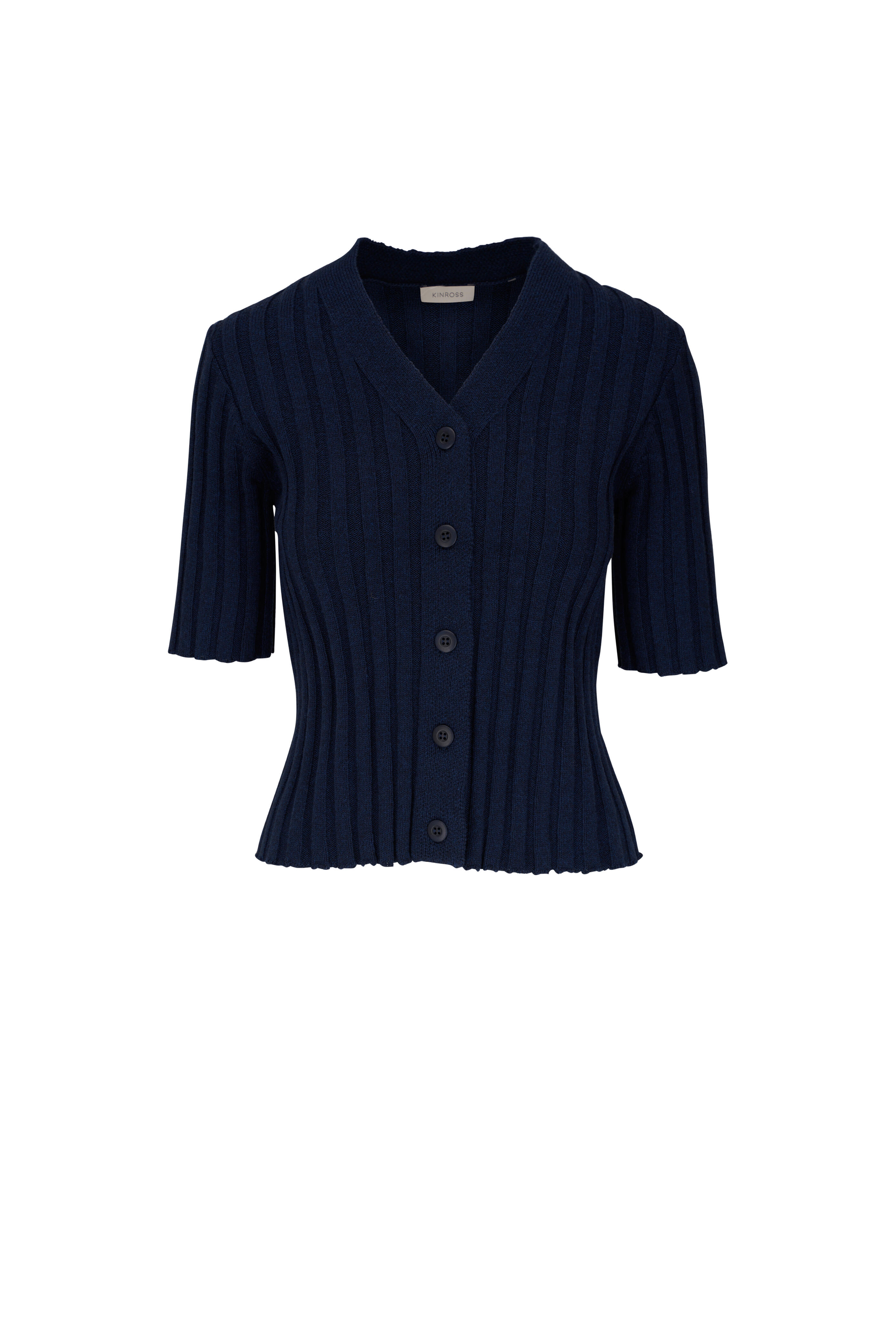 Kinross - Navy Elbow Sleeve Ribbed Cardigan