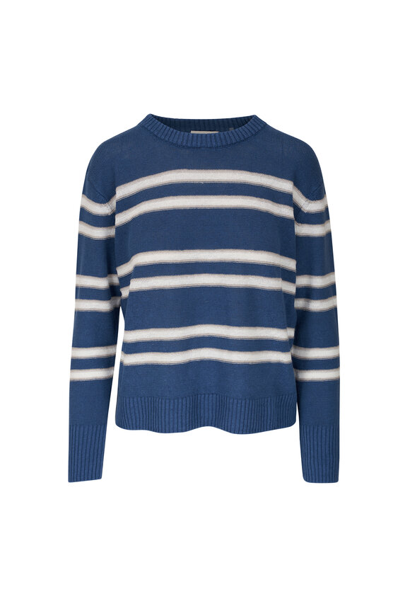 Kinross Blue & White Stripe Cropped Linen Sweater 