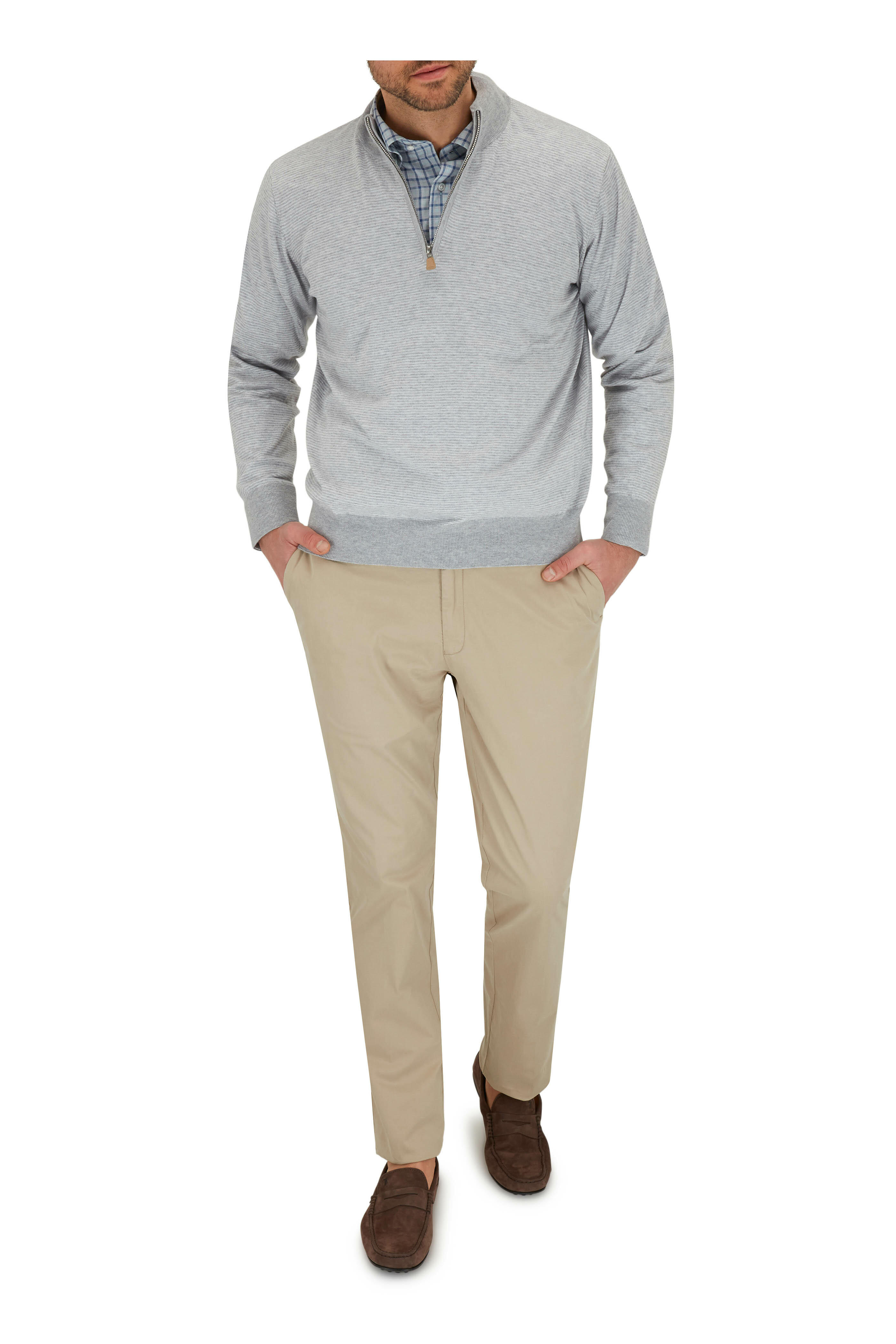 Peter Millar - British Gray Needle Stripe Quarter-Zip Pullover