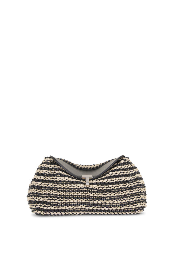 Totême Mini T-Lock Black & Natural Woven Leather Clutch